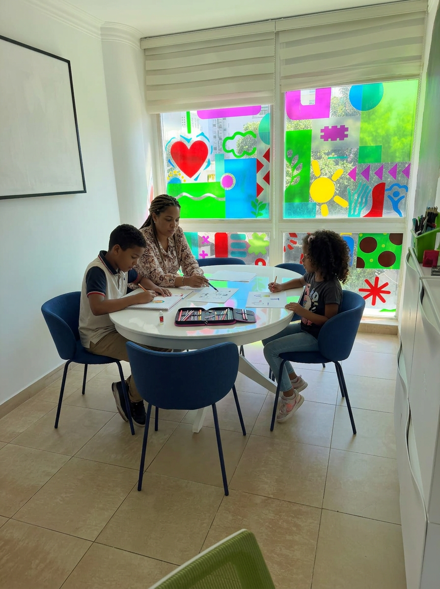 Escena con IA de estudiantes y una educadora realizando una actividad en el aula real de EDUSER